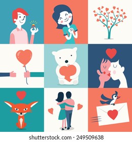 Illustration set of love and Valentine's day concept, boyfriend, girlfriend, tree of love, bear with heart, fox, kissing lovers, holding together and love letter. 