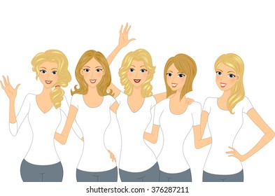 Illustration of a Set of Lovely Blonde Girls Wearing White Shirt