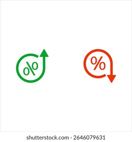 ilustração Conjunto de ícones de baixa e alta porcentagem, GDP para cima e para baixo. taxa de juros, ícone de aumento, aumento de porcentagem. Percentual em círculo com setas para cima e para baixo. Símbolo de vetor