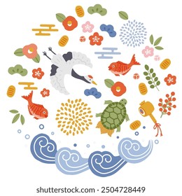 Illustration set of lucky charms such as cranes, turtles, pine, bamboo and plum