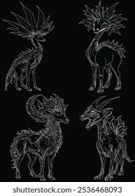 illustration with set of  magical animals isolated on black background