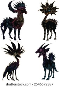 illustration with set of  magical animals isolated on white background
