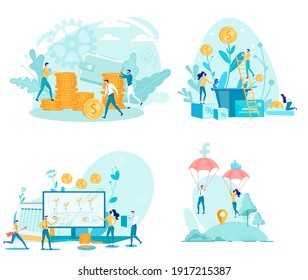 Illustration Set Making and Accumulating Money. Man Stacks Gold Coins Wallet Background. Employees Fly by Parachute. Guy Sifting Coins from Flower. Girl Watering Houseplant from Watering.