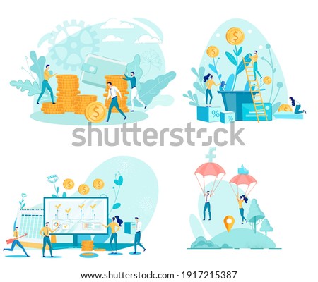 Illustration Set Making and Accumulating Money. Man Stacks Gold Coins Wallet Background. Employees Fly by Parachute. Guy Sifting Coins from Flower. Girl Watering Houseplant from Watering.
