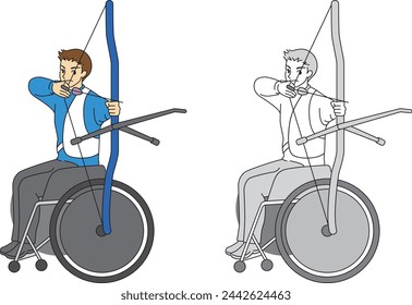 Illustration set of a male athlete playing archery in a wheelchair