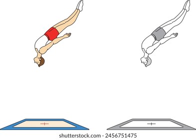 Conjunto de ilustraciones de atletas masculinos que juegan competiciones de trampolín