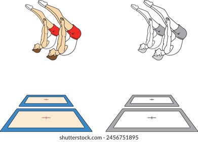 Conjunto de ilustraciones de atletas masculinos que juegan competiciones de trampolín