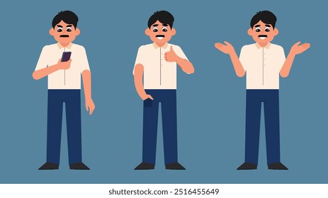 Conjunto de ilustración de un personaje masculino con varias poses y expresiones