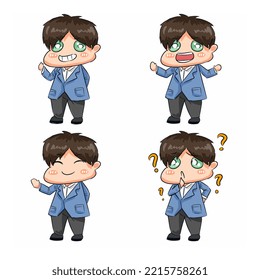 illustration set of male characters presenting, explaining, confused. cute cartoon style, chibi. hand drawing. suitable for the theme of study, school, business, etc. flat vector