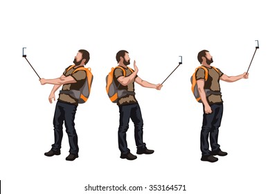 illustration of set of male color tourist in different poses