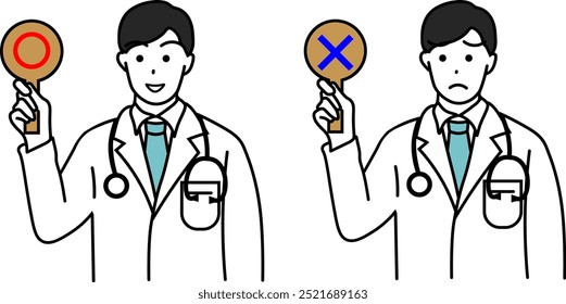 Illustration set of a male doctor holding a round and cross sign