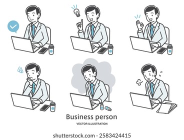 Illustration set of male employees working on a computer