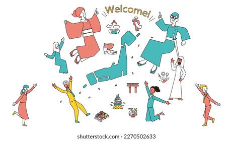 It is an illustration of a set of male and female Japanese and icons that welcome a wide variety of foreigners to Japan.