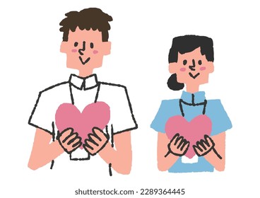Illustration set of male and female nurses holding hearts