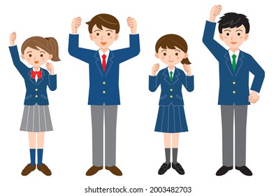 Illustration set of male and female students in uniforms doing guts poses