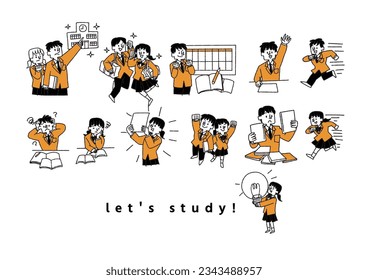  Illustration set of male and female students studying to improve their grades