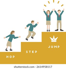 An illustration set of male and female students in pictogram style with images of stepping up, leveling up, skill improvement, jumping up, and growth