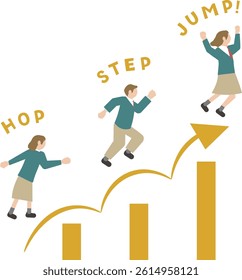 An illustration set of male and female students in pictogram style with images of stepping up, leveling up, skill improvement, jumping up, and growth