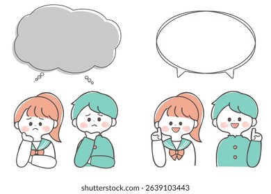 Illustration set of male and female students when they are worried and when they have solved the problem