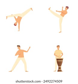 Illustration set of a male figure dancing, showing moves from contemporary to ethnic drum dancing