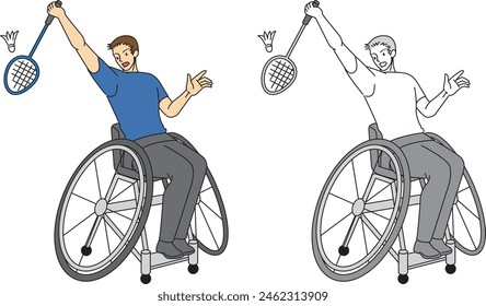 Illustration set of a male player playing badminton in a wheelchair