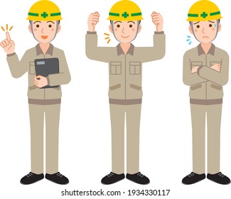 Illustration set of a male worker wearing a helmet and posing