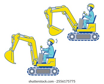 Illustration set of a male worker wearing a helmet and driving an excavator