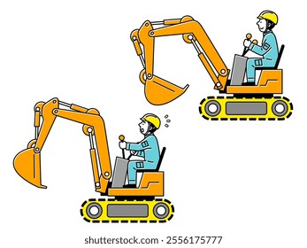 Illustration set of a male worker wearing a helmet and driving an excavator