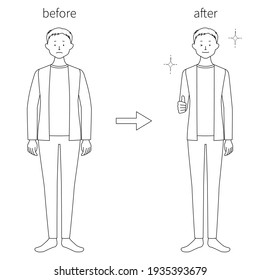 Illustrationssatz eines Mannes (vor und nach Gewichtsverlust) (weißer Hintergrund, Vektorgrafik, Ausschnitt)