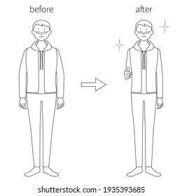 Conjunto de ilustraciones de un hombre (antes y después de la pérdida de peso) (fondo blanco, vector, corte)