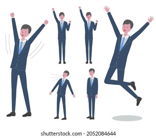 Illustration Set Of A Man In A Blue Suit Who Stretches, Jumps, Takes A Deep Breath, And Makes A Guts Pose