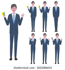 Illustration set of a man in a blue suit with a beginner mark, smartphone, calculator