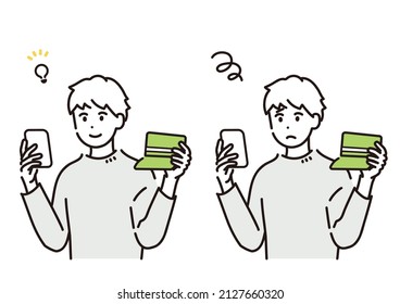 Illustration set of a man comparing the smartphone screen and the passbook.  Vector.