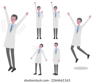 Illustration set of a man (doctor or researcher) wearing a white coat stretching, jumping, taking a deep breath, and doing a guts pose