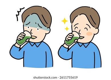 Illustration set of a man drinking green juice with a surprised face and a man drinking it with relish.