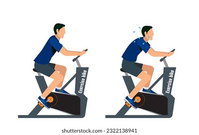 Ilustración de un hombre haciendo ejercicio en una bicicleta estática y en una bicicleta estática. Salud, Dieta, Belleza.