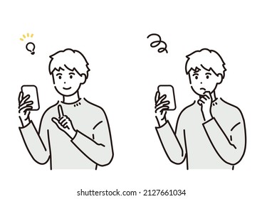 Illustration set of man operating smartphone. Vector.