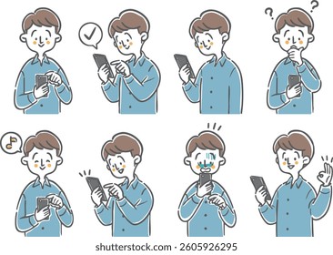 Illustration set of a man operating a smartphone, upper body, vector