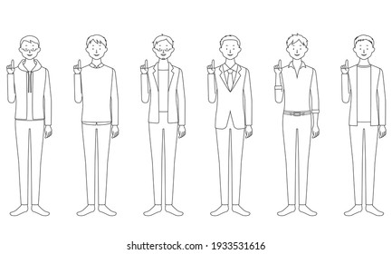 Conjunto de ilustraciones de un hombre que señala su dedo con una sonrisa (fondo blanco, vector, cortado)