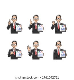 Illustration set of a man in a suit holding a tablet PC