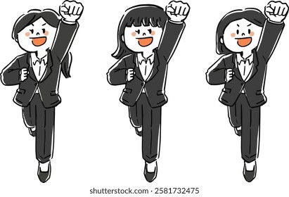 Illustration set of man in suit raising fist full body