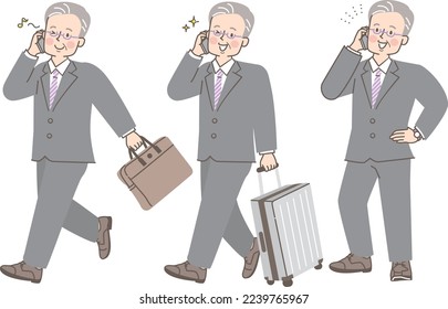 Illustration set of man in suit traveling with smartphone