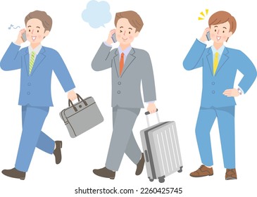 Illustration set of man in suit traveling with smartphone