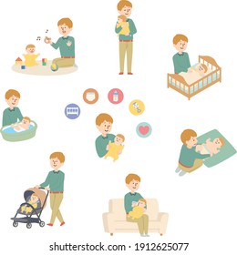 Illustration set of a man taking care of a baby