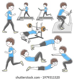 Illustration set of a man training in a sports gym.