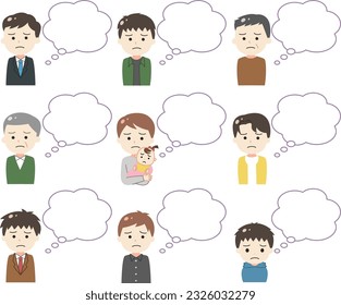 Illustration set of a man with a troubled expression and a speech bubble