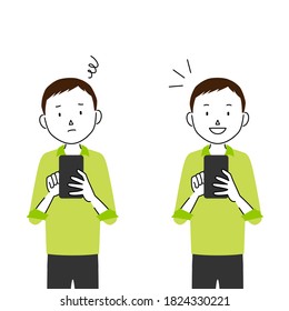 Illustration set of a man using smartphone (I don't know how to use it, I understand!)