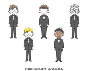 An illustration set of a man wearing a black tuxedo.