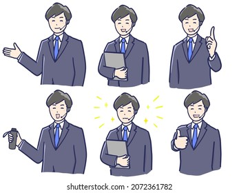 Ilustración de un hombre con un auricular y un traje con una expresión positiva en la cara.