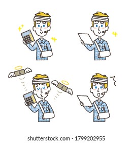 Illustration set of a man who is injured and hospitalized. A man with a smile, a man who loses money for hospitalization, etc. Vector illustration on white background.